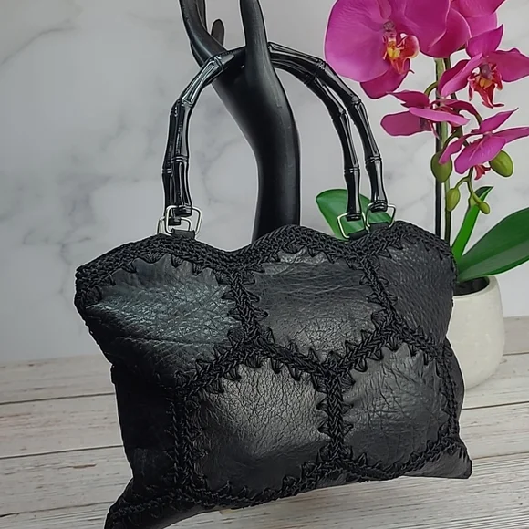 BLACK LEATHER & CROCHET PATCHWORK SMALL HANDBAG - Picture 1 of 10